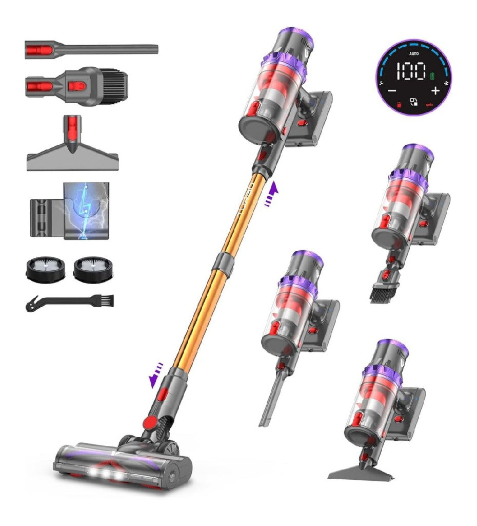 Aspirateur coovy SU7 Balai sans Fil 580W/55Kpa/75Mins Aspirateur Puissant Detection Poussiere Ecrans Tactiles Diode électroluminescente Brosse AntiEmmelement Vacuum Cleaner pour Sols Durs Tapis Voiture