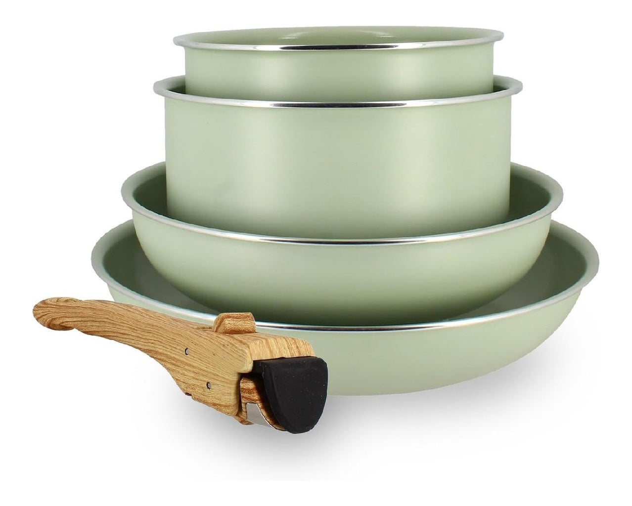 Batterie de Cuisine Amovible Empilable Tous Feux Dont Induction Revetement Ceramique Antiadhesif sans Gamme Colorama Couleur Celadon 2 Poeles 2 Casseroles 1 Poignee